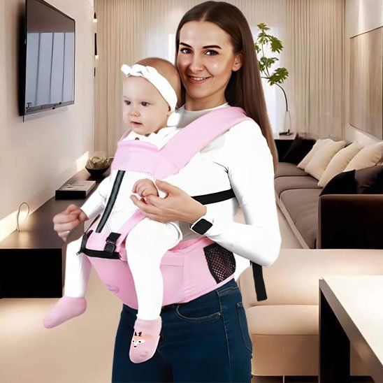 maman porte bébé dans porte bebe soulageconfort au salon