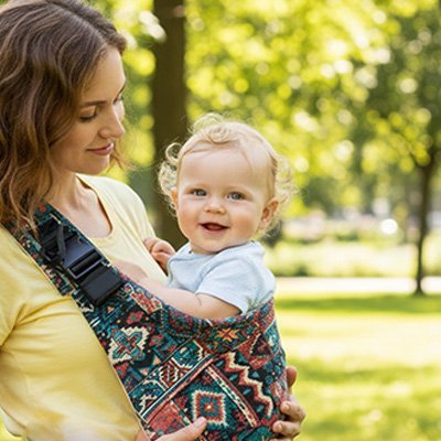 maman porte bébé en echarpe de portage bebe cocooning proximité au parc