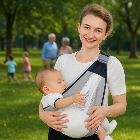 maman porte bébé en echarpe de portage confort ergonomique au parc