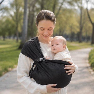 maman porte bébé en echarpe portage été vive noir au parc