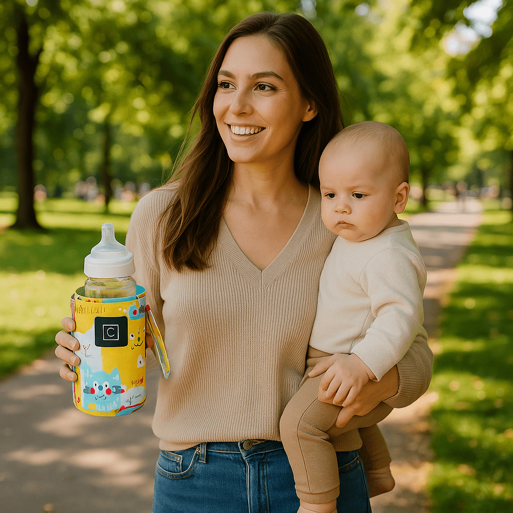 maman porte chauffe-biberon nomade easywarm avec bébé