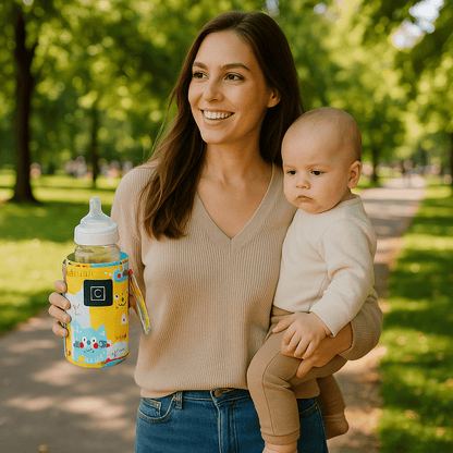 maman porte chauffe-biberon nomade easywarm avec bébé
