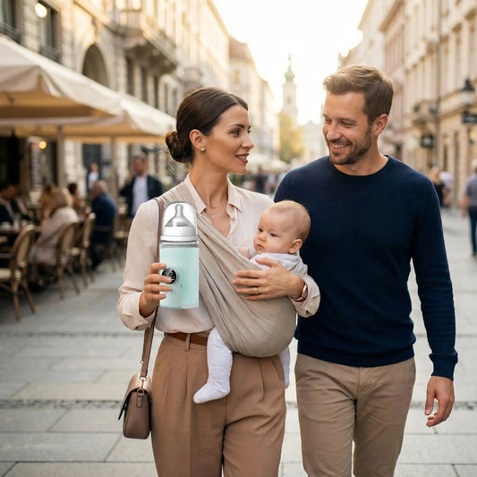maman porte chauffe biberon voyage compact intelligent avec bébé et papa en ville
