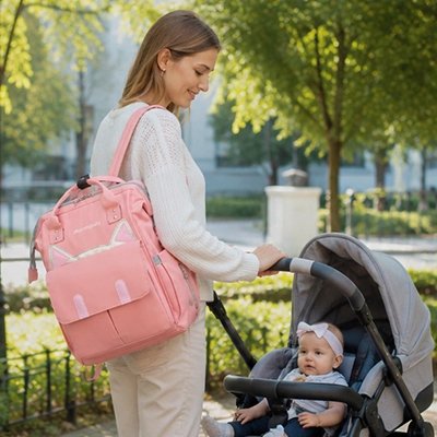 maman porte sac à langer à dos imperméable éclair avec bébé en ville