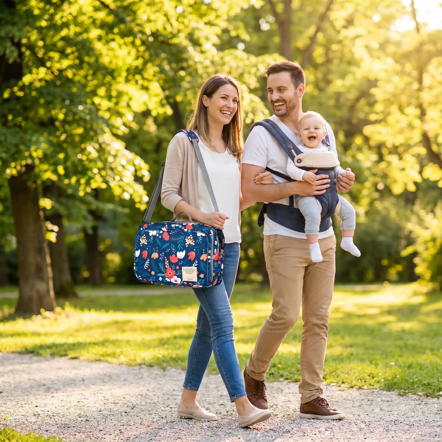 maman porte sac a langer bebe chic fleur au parc avec papa et bébé
