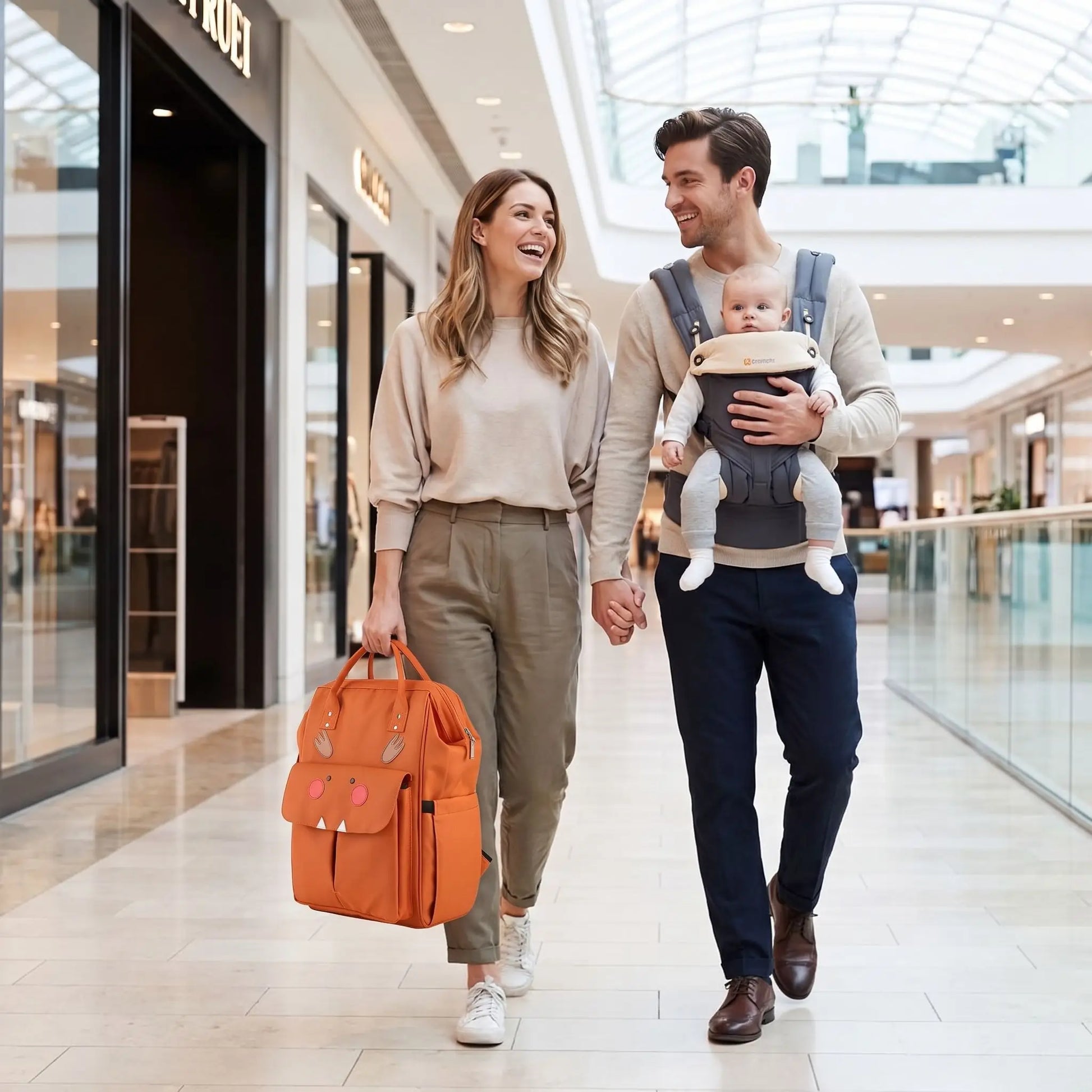 maman porte sac a langer dos impermeable momstylé au centre d'achat avec bébé et papa