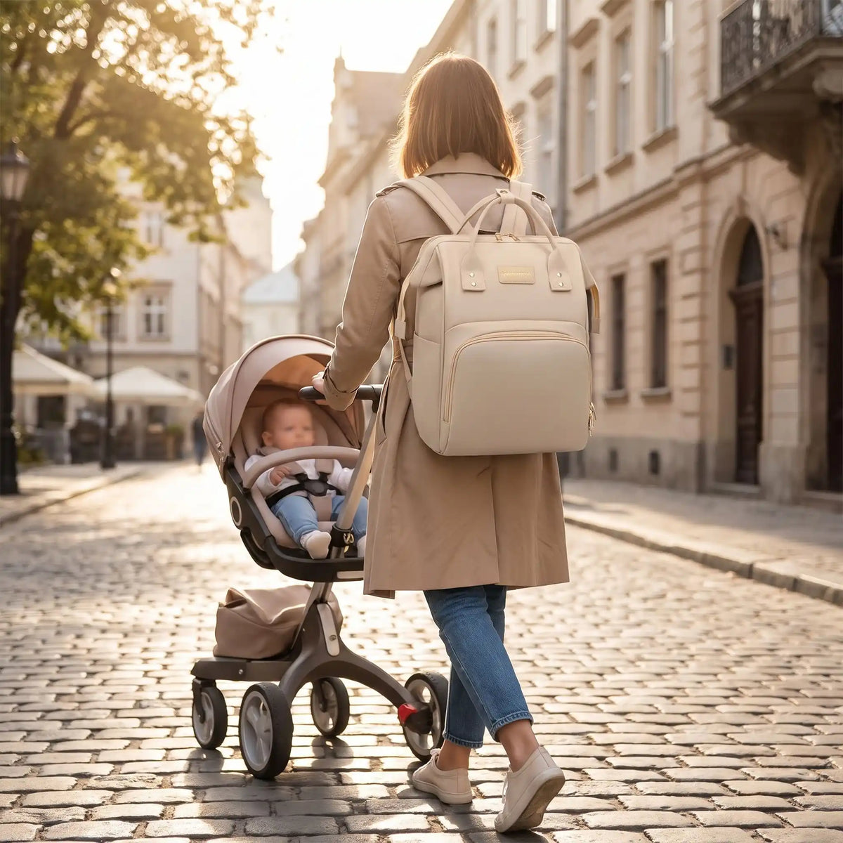 maman porte sac a langer impermeable raffinéen ville  avec bébé