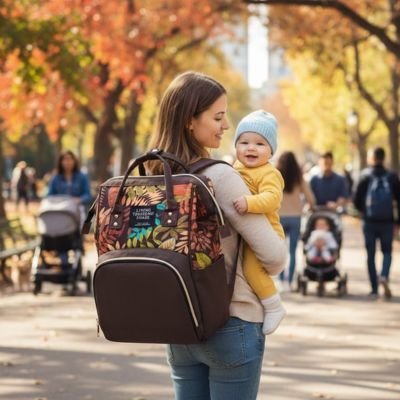 maman porte sac a langer organisation élégante avec bébé au parc