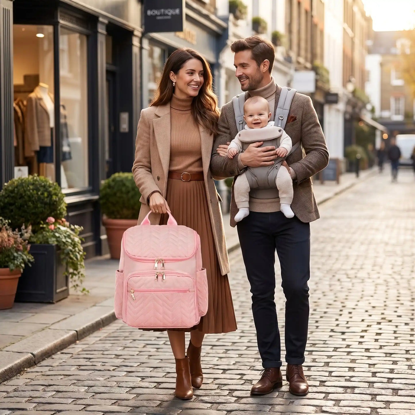 maman porte sac à langer sac à dos imperméable star en ville avec papa et bébé