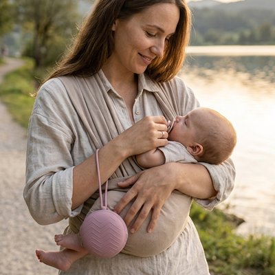 maman porte sur le bras boite a tetine bebe compacte avec bébé