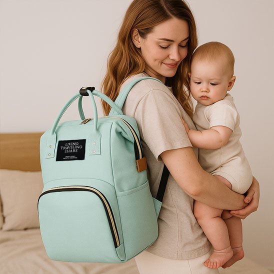 maman porte le sac à langer pratique & élégant vert au dos bébé dans la chambre