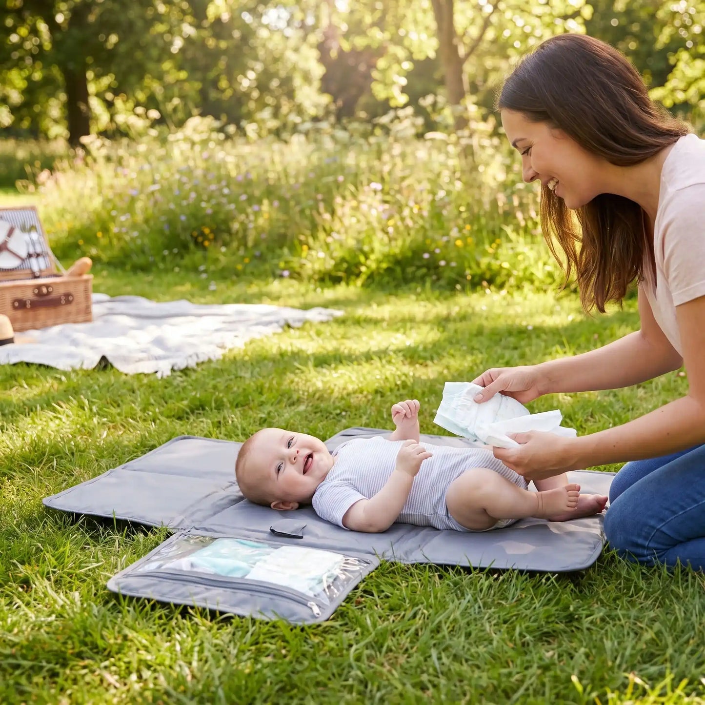 maman sur tapis à langer de voyage soft au parc avec maman