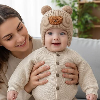 maman tient bébé portant bonnet bebe douceur protectrice 