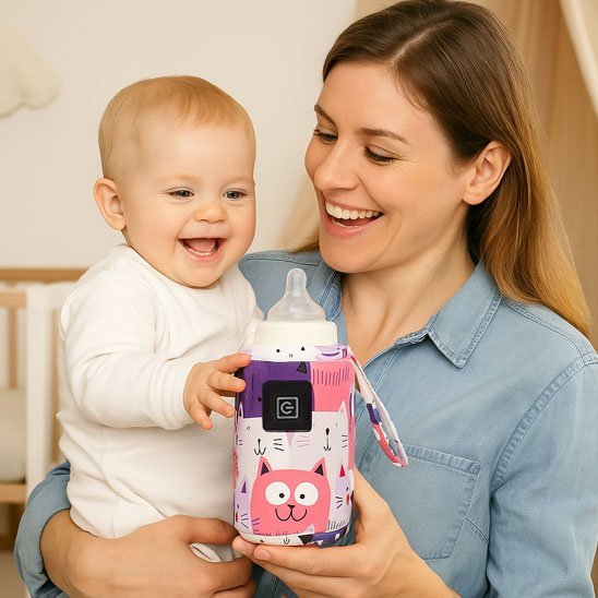 maman tient chauffe biberon portable tempidéal avec bébé