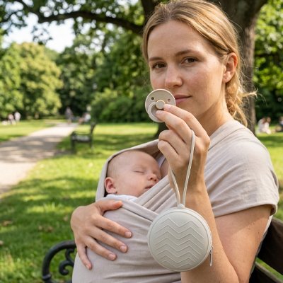 maman tient par poignée boite a tetine bebe compacte au parc avec bébé