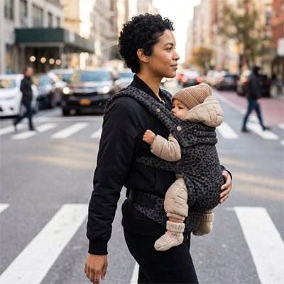 maman traverse la route avec bébé dans porte-bébé sécurité