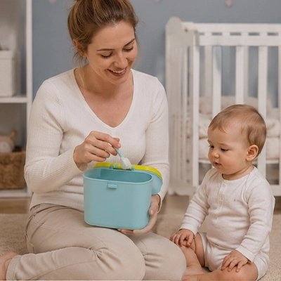 maman utilise boite doseuse avec bébé