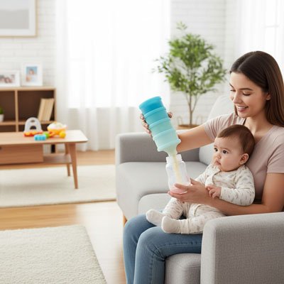 maman utilise boite doseuse lait bébé joli avec bébé au salon