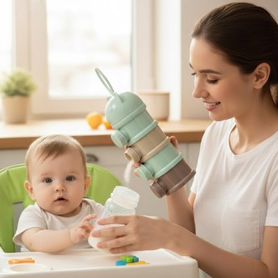 maman utilise boite doseuse lait bébé portable avec biberon