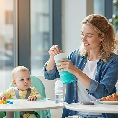 maman utilise boite doseuse lait nomade au restaurant avec bébé
