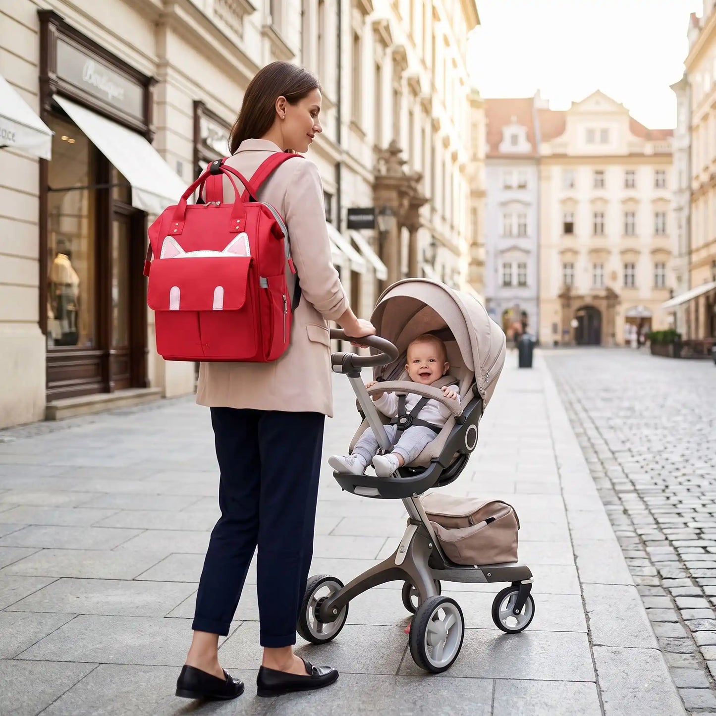 maman porte au dos sac a langer urban chic parent avec bébé