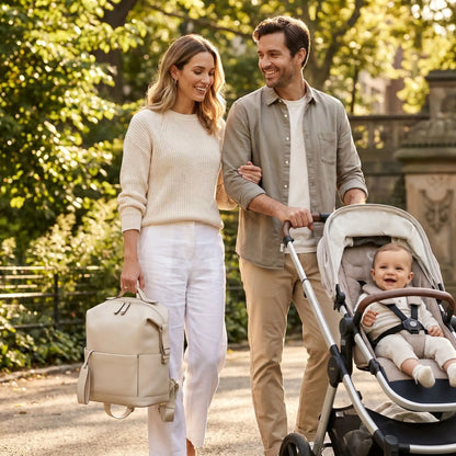 maman porte sac a dos a langer impermeable beige avec papa et bébé