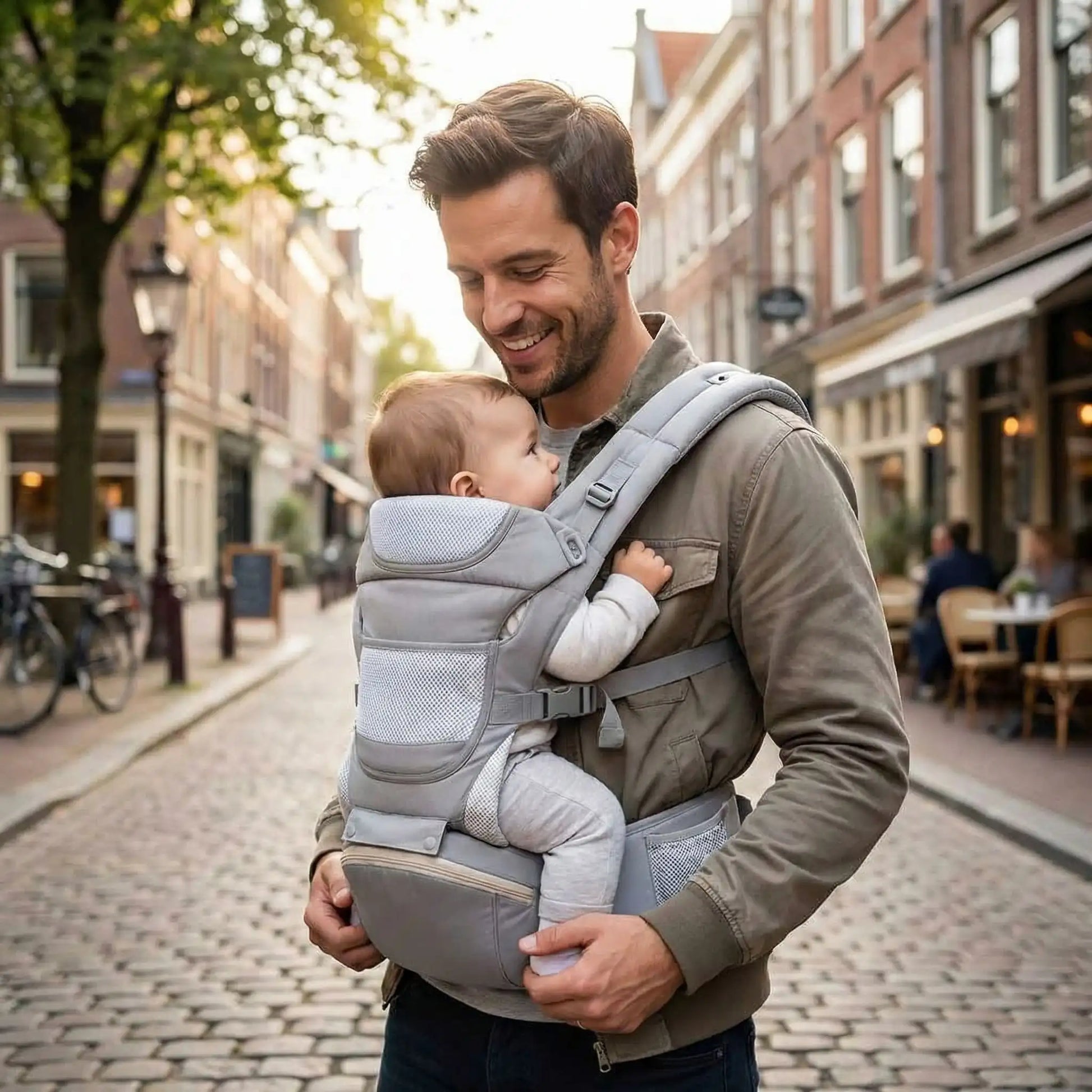 papa avec bébé dans porte bébé physiologique respirant en ville