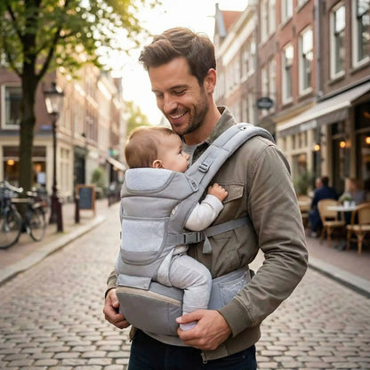 papa avec bébé dans porte bébé physiologique respirant en ville