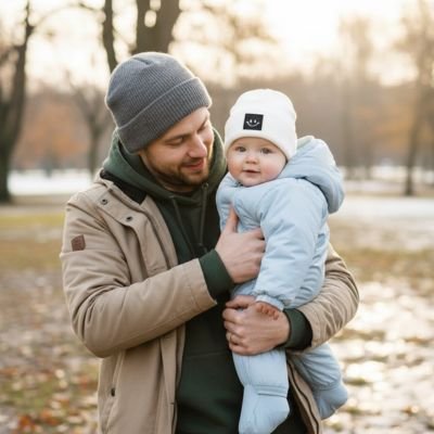 papa avec bébé portant bonnet bébé délicat chaud au parc