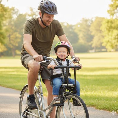 papa avec bébé sur porte bebe velo securide