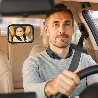 papa conduit la voiture en regardant bébé dans miroir voiture bébé vision idéal
