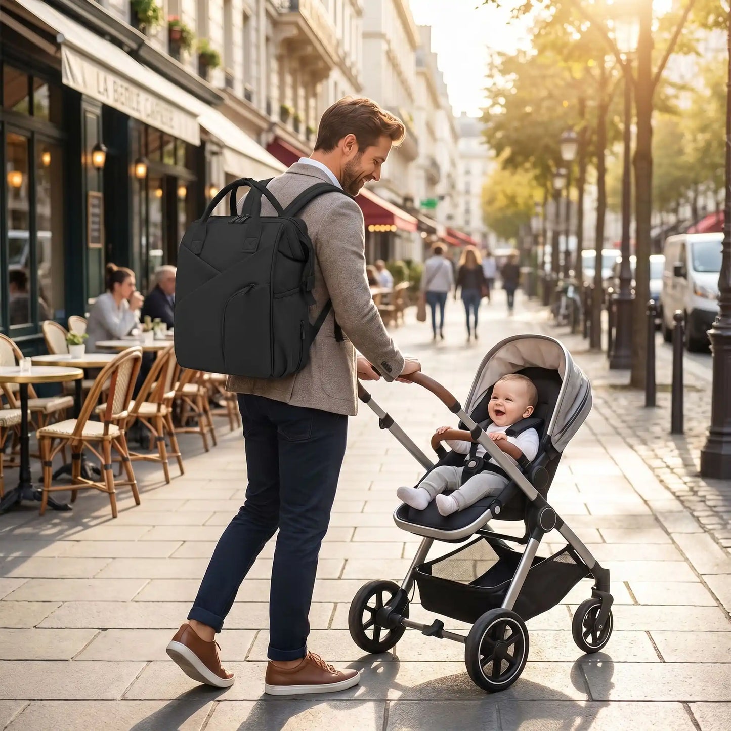 papa porte au dos sac a langer a dos chic serenity en ville avec bébé