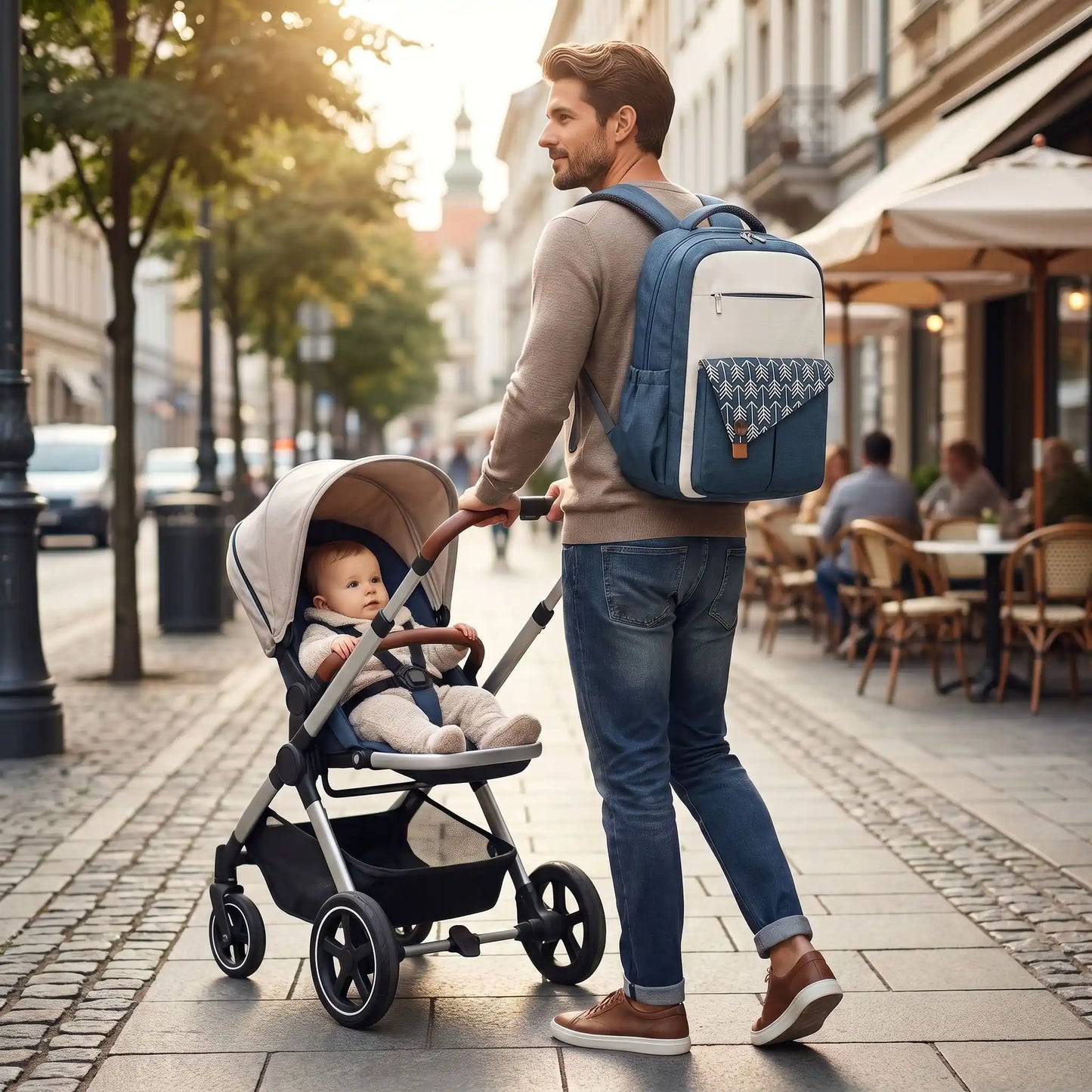 papa porte au dos sac à langer toile imperméable momperfect avec bébé en ville