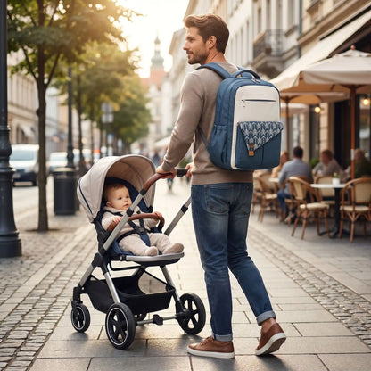 papa porte au dos sac à langer toile imperméable momperfect avec bébé en ville