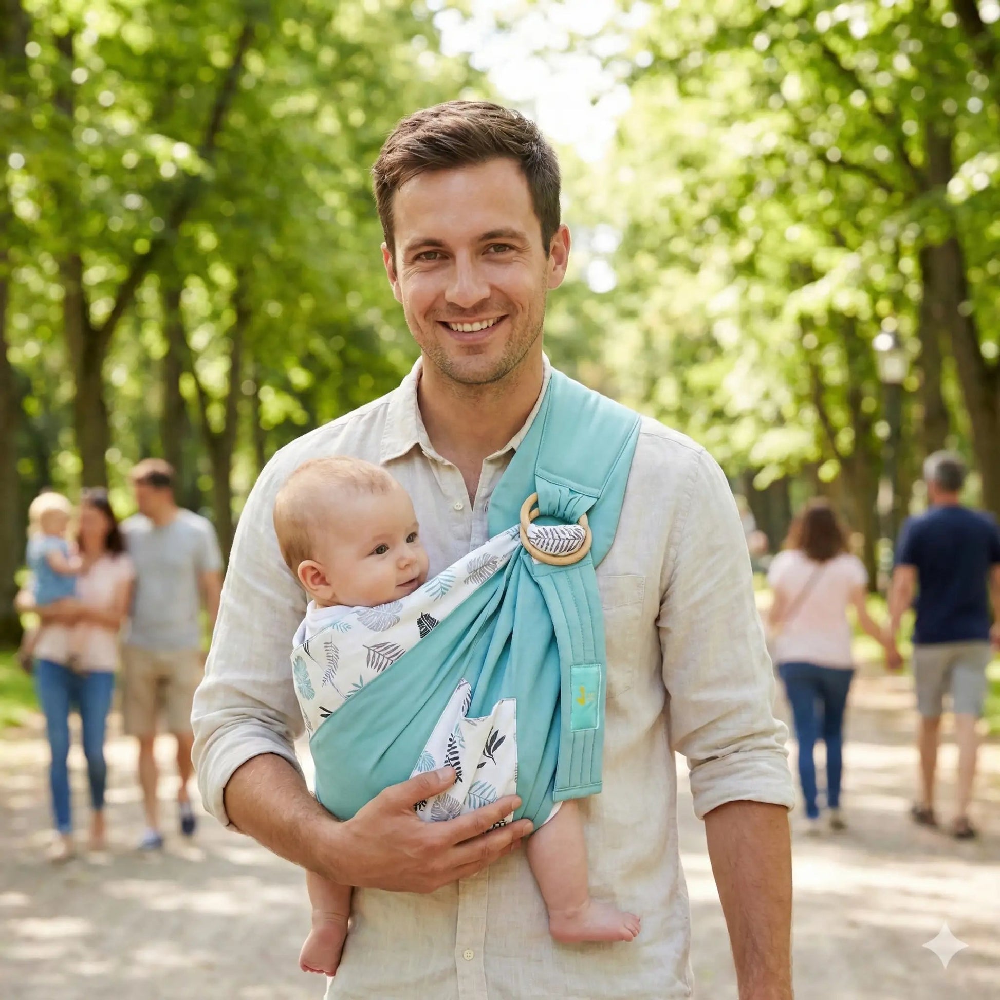 papa porte bébé en écharpe de portage bébé physiologique au parc