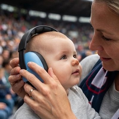 bébé porte casque anti bruit bebe paisible au stade avec maman
