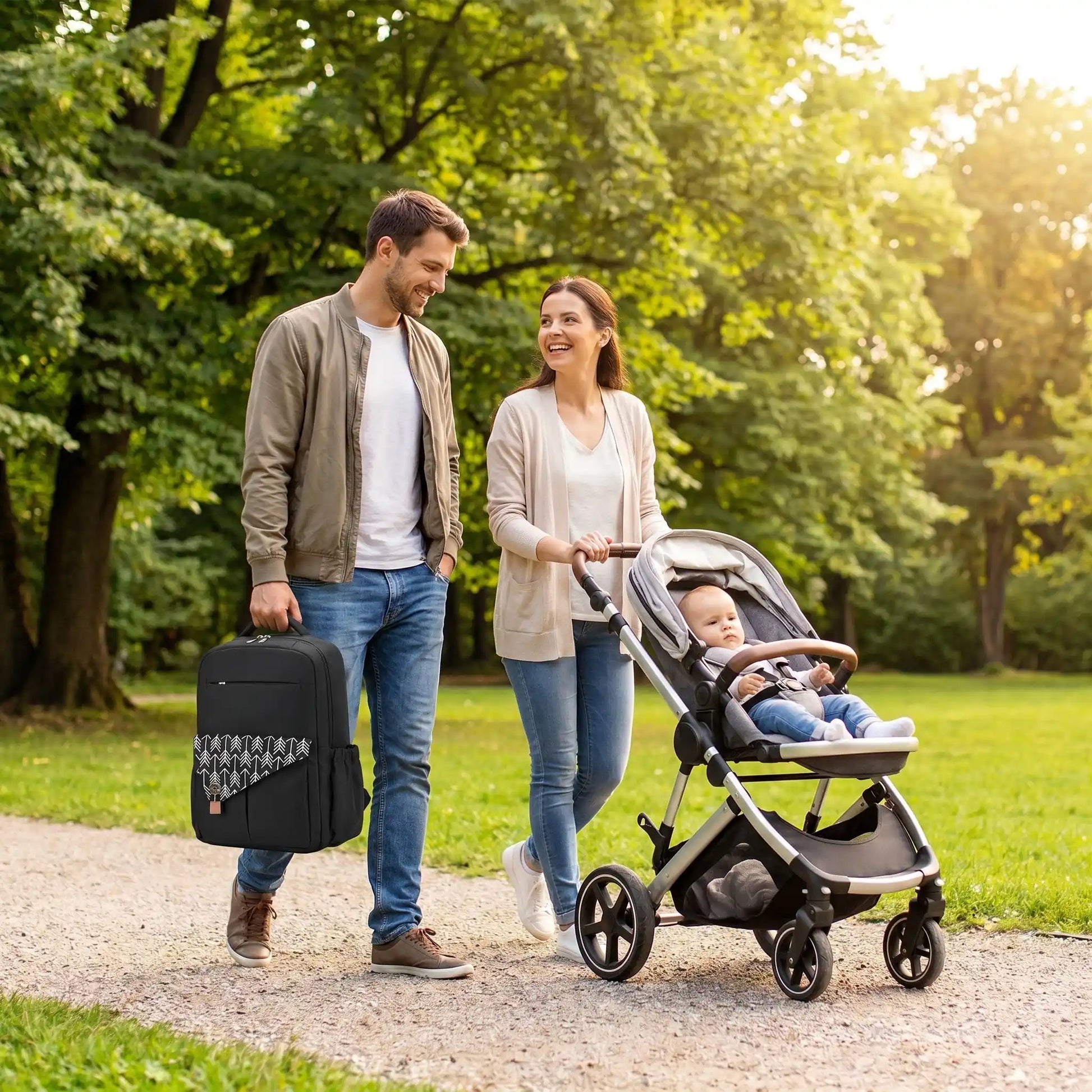 papa porte sac a langer baby chic mommystar au parc avec maman et bébé