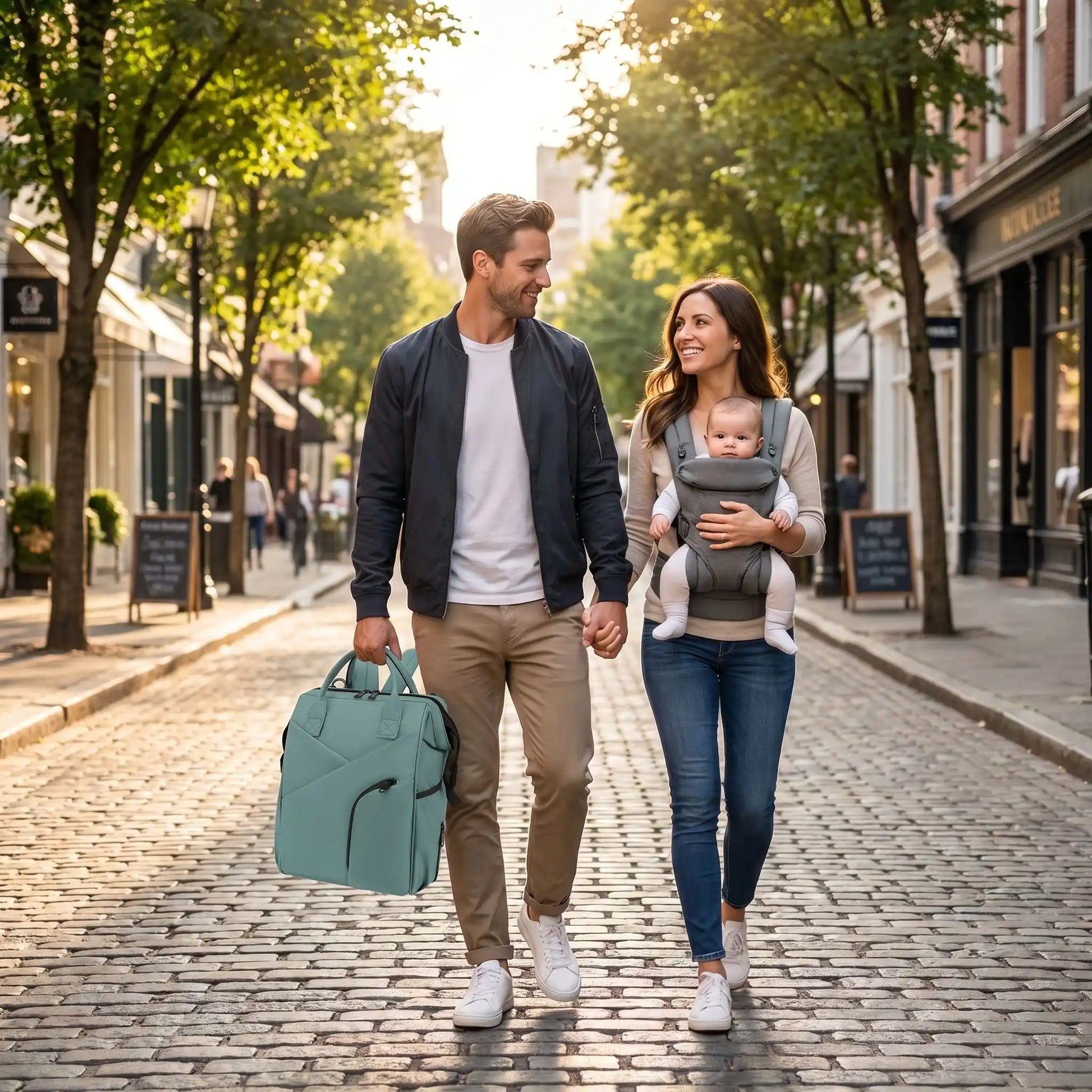 papa porte sac à langer luxe momlight en ville avec bébé et maman