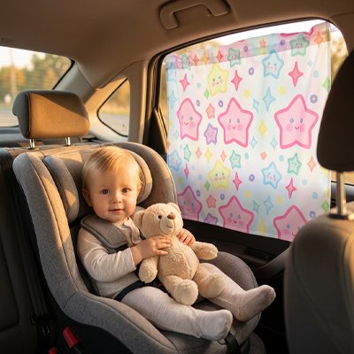 pare soleil pour voiture light sur vitre d'auto avec bébé