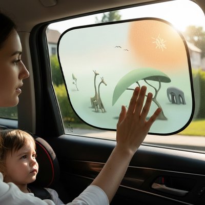 pare soleil voiture idéal fixé sur vitre avec bébé et maman