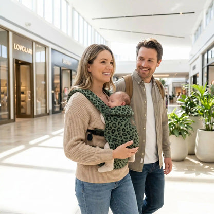 porte bébé naissance babytiger avec bébé et sa famille au centre d'achat
