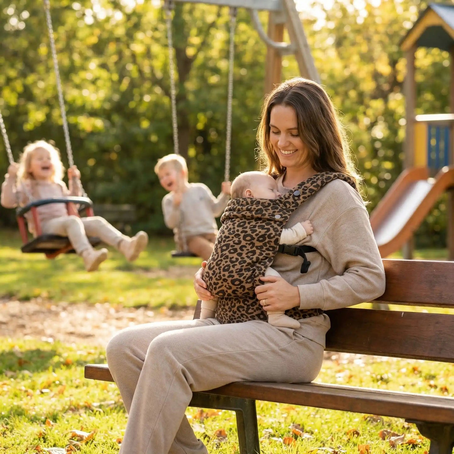 porte bébé physiologique ergocomfort avec bébé et maman au parc