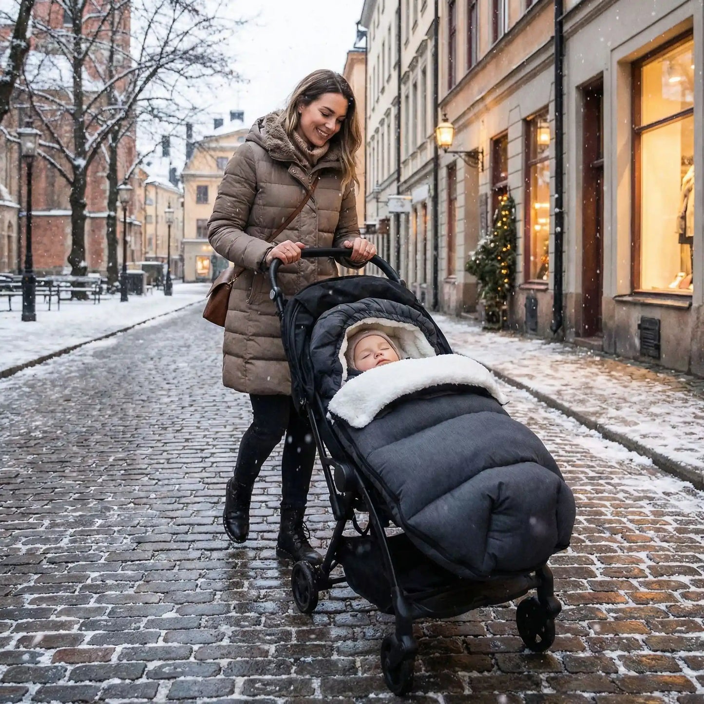 poussette chanceliere coupe-vent hivernale avec bébé en ville avec maman