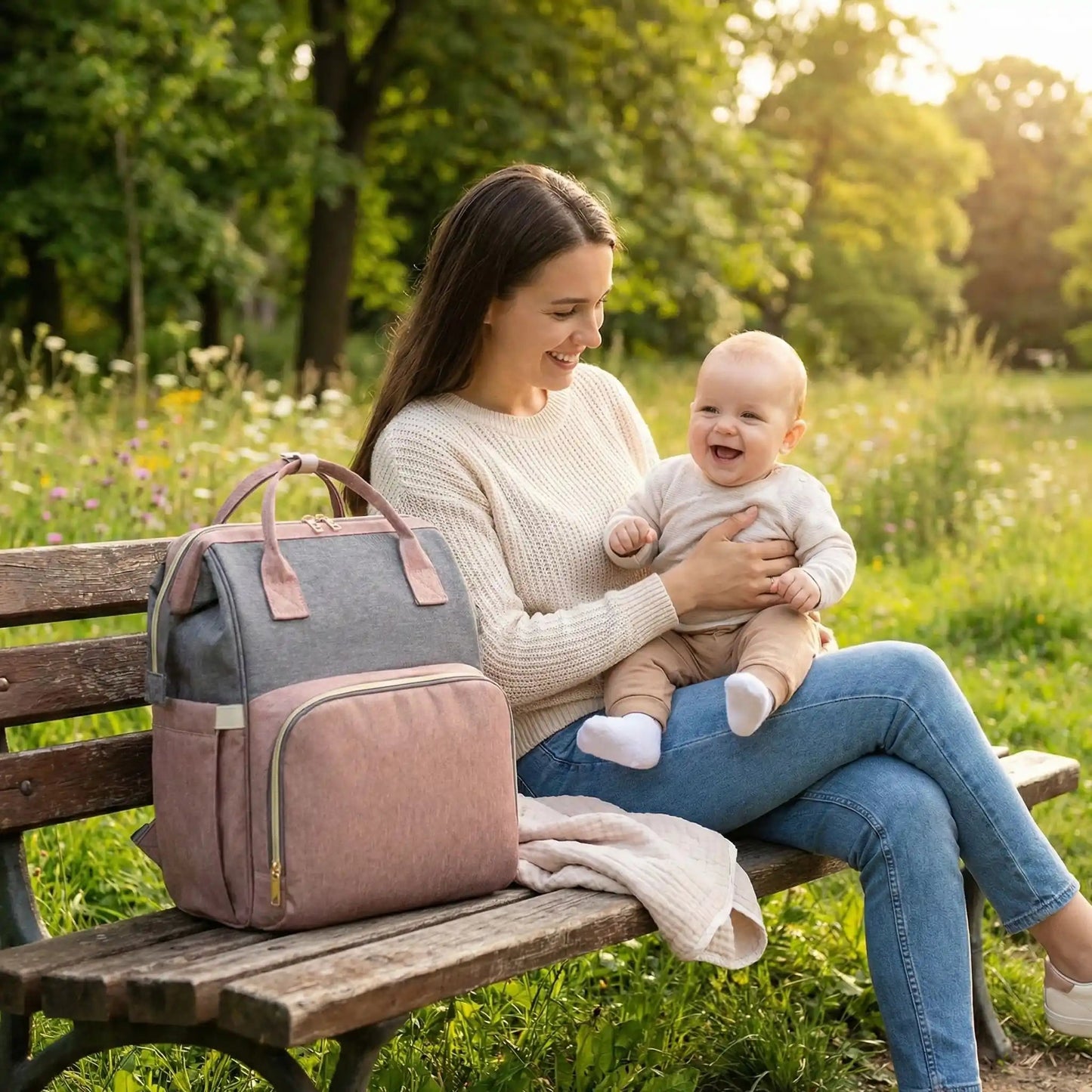 sac a dos a langer multifonction sur un banc au parc avec maman et bébé