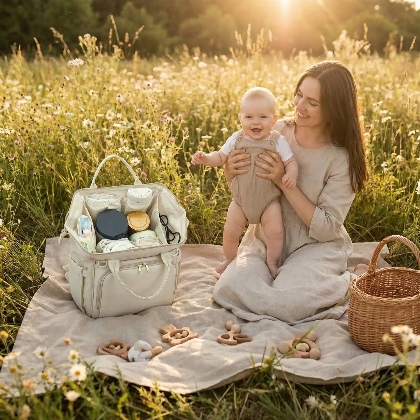sac a dos a langer voyageur ouvert sur la couverture à coté de maman et bébé