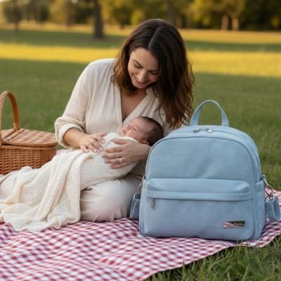 sac a langer a dos précieux sur la couverture avec maman et bébé
