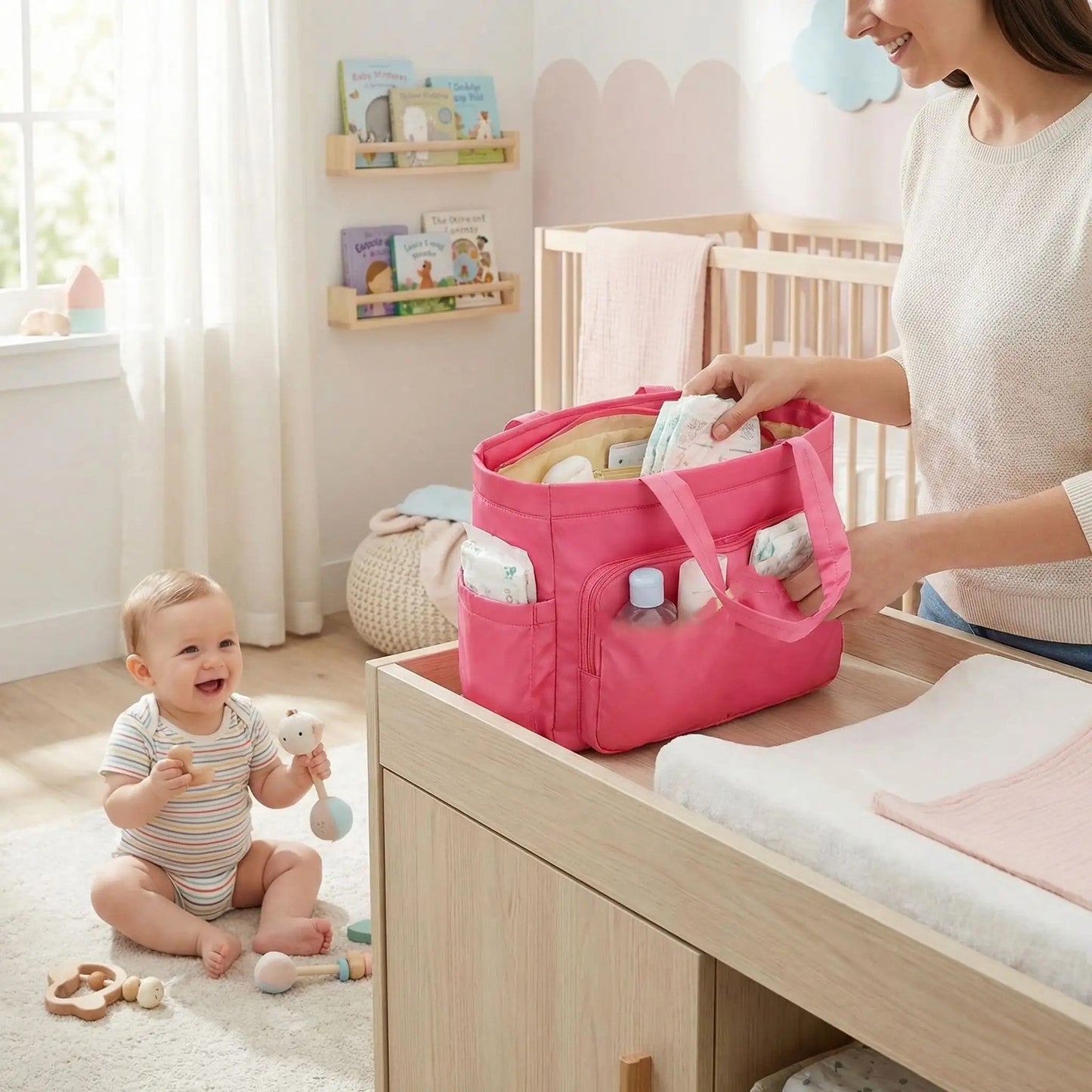 sac à langer bébé élégance moderne à coté de maman et bébé