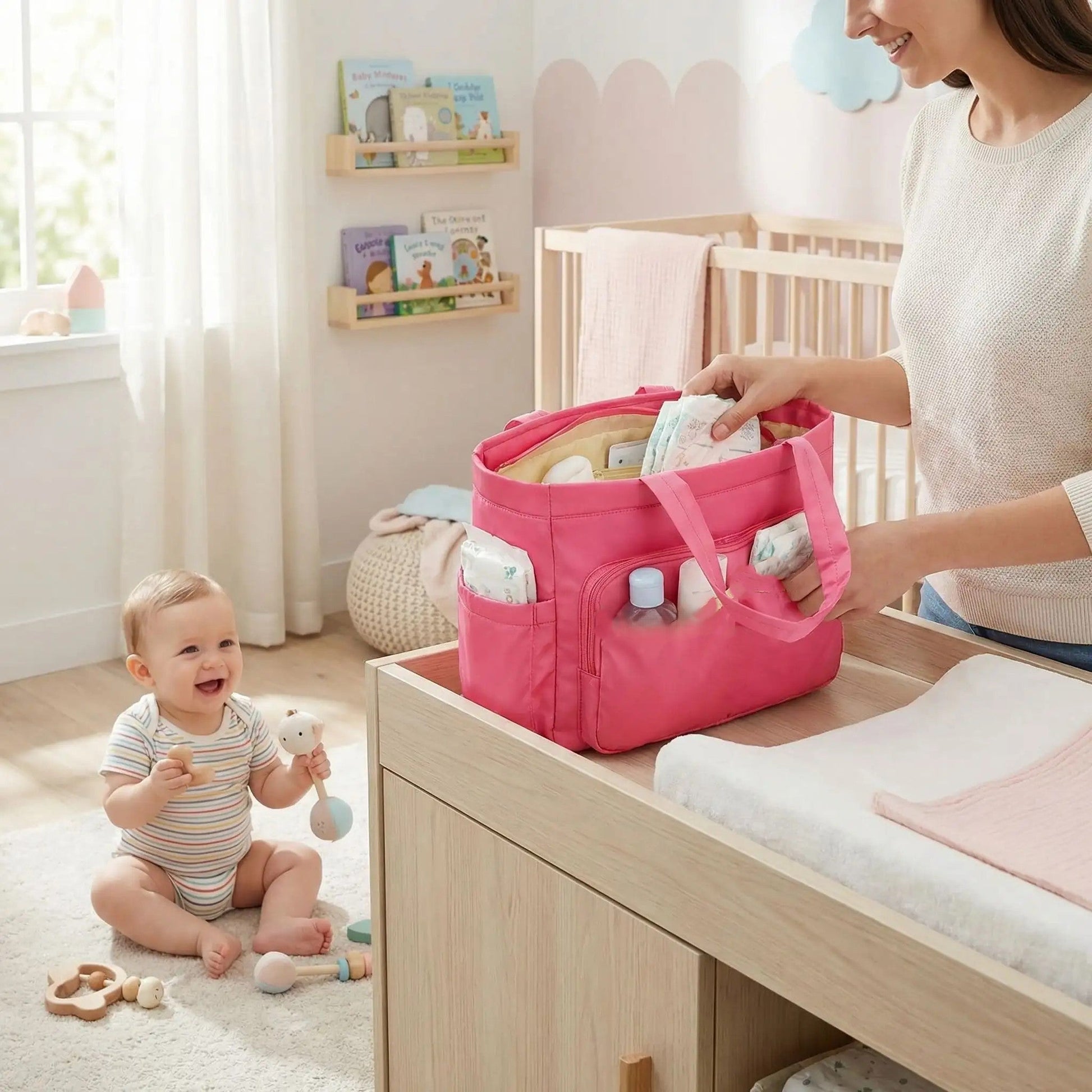 sac à langer bébé élégance moderne à coté de maman et bébé