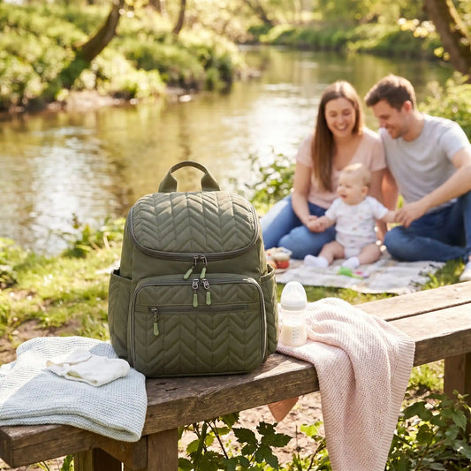 sac a langer bebe impermeable green sur le banc au bord d'eau avec bébé et sa famille