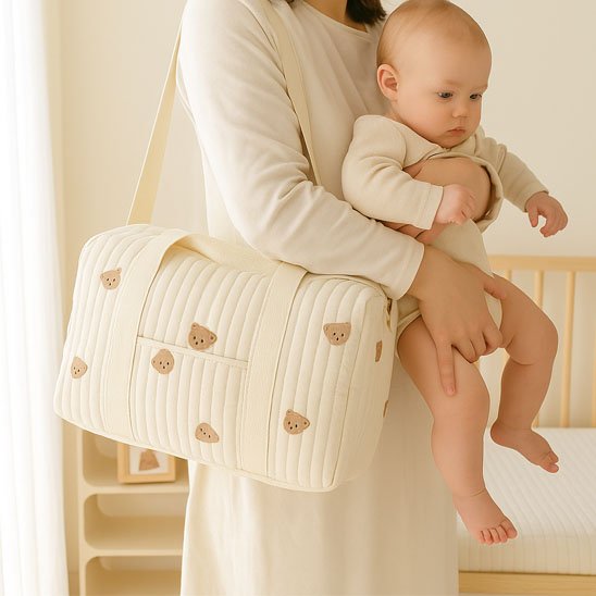 sac a langer bebe multifonction sur l'épaule de maman avec bébé